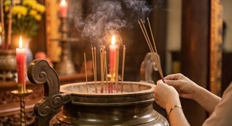 Người đi lễ chắp tay thành kính khấn vái trước lư hương đang nghi ngút khói tại án thờ chính Đền Thượng