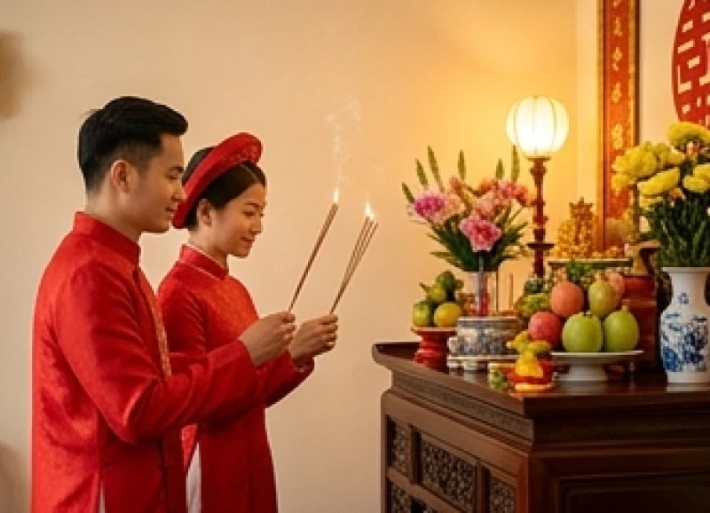 Cô dâu chú rể thành kính dâng hương trước bàn thờ tổ tiên để bẩm báo và cầu xin sự che chở cho cuộc sống mới