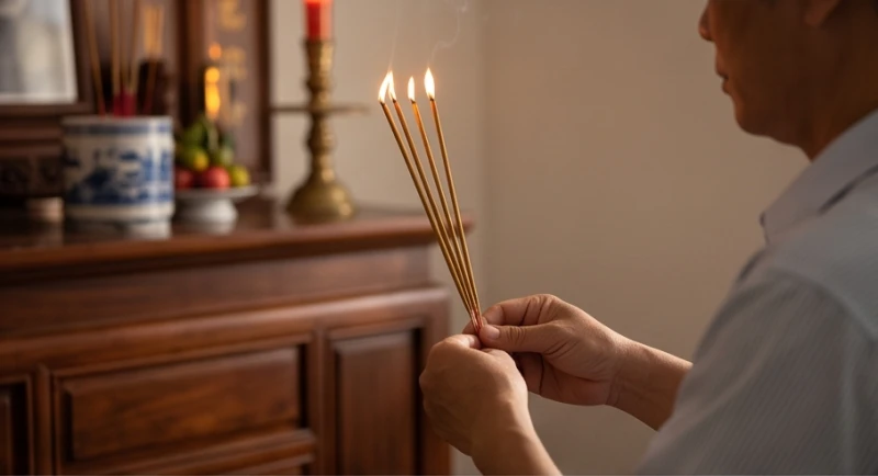 Người chồng thắp hương trên ban thờ gia tiên trong ngày lễ Đại Tường để tưởng nhớ người vợ quá cố