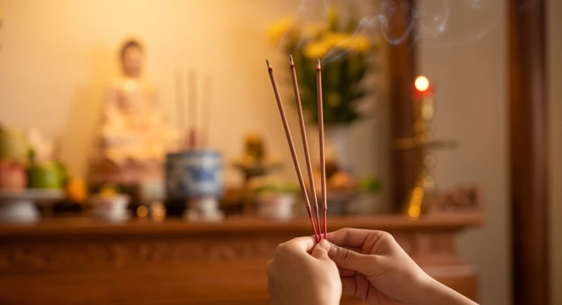 Bàn tay người hành lễ cẩn thận cầm ba nén hương đỏ thắp sáng trước ban thờ trong không gian tĩnh lặng