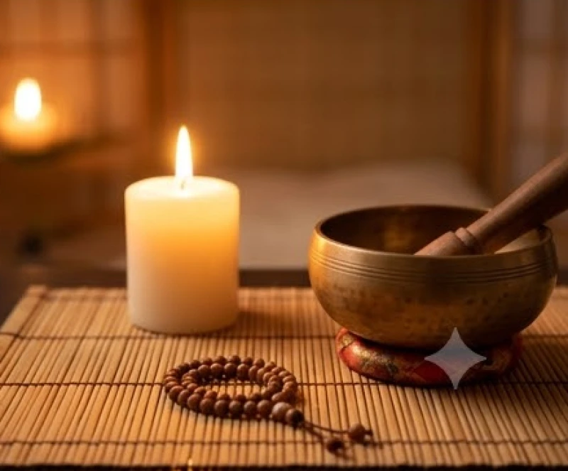 Không gian thiền định ấm cúng với ánh nến lung linh và chiếc mỏ tụng kinh bằng gỗ mộc mạc
