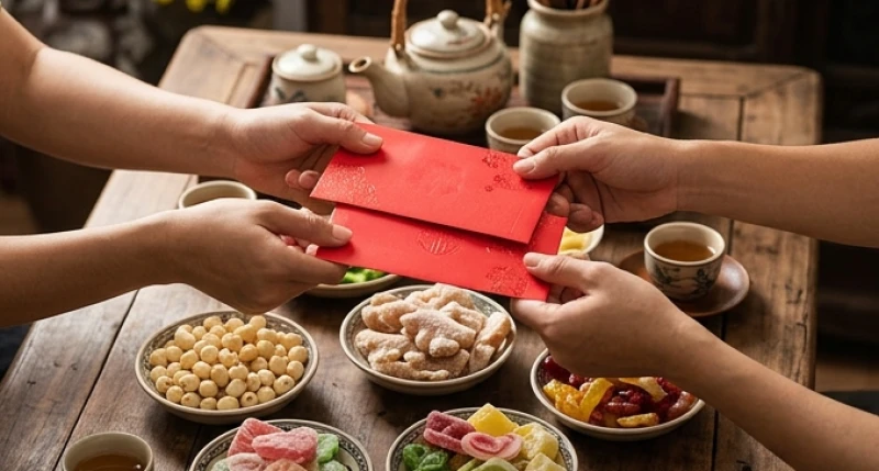 Khách và chủ nhà trao nhau những chiếc phong bao lì xì đỏ thắm