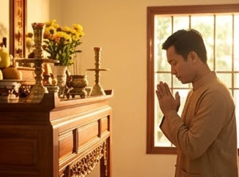 Người con trai đứng chắp tay ngang ngực thực hiện nghi thức vái trang nghiêm trước ban thờ tổ tiên