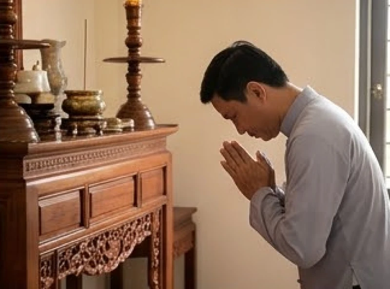 Người đàn ông đứng chắp tay ngang ngực và cúi đầu lạy trước ban thờ để thỉnh mời chư vị giáng lâm
