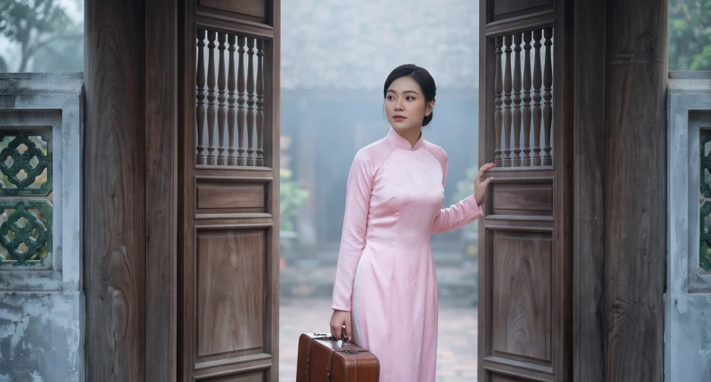 Cô dâu mặc áo dài hồng dịu dàng xách chiếc vali nhỏ lặng lẽ rời khỏi cổng nhà chồng vào lúc bình minh