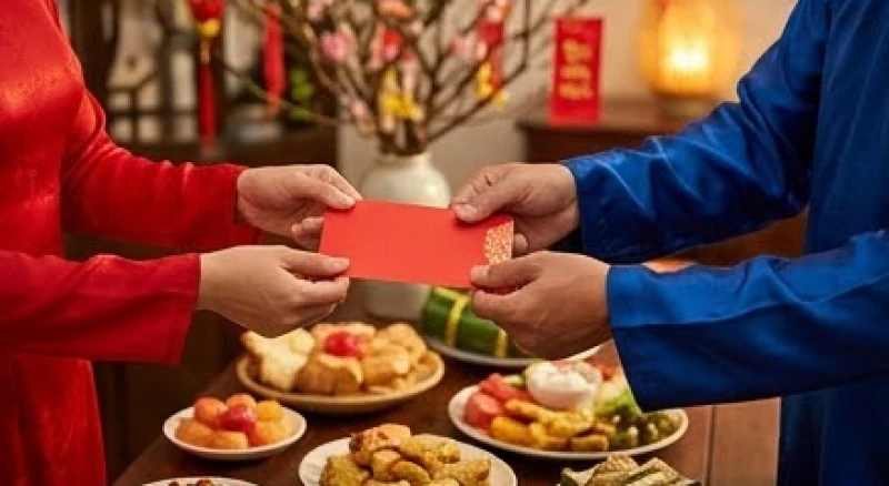 Gia chủ tuổi Dần chọn người xông đất năm 2027: Bảng tra nạp âm 6 Hai người cười tươi trao nhau chiếc phong bao lì xì đỏ rực trên bàn tiệc trà ngày xuân
