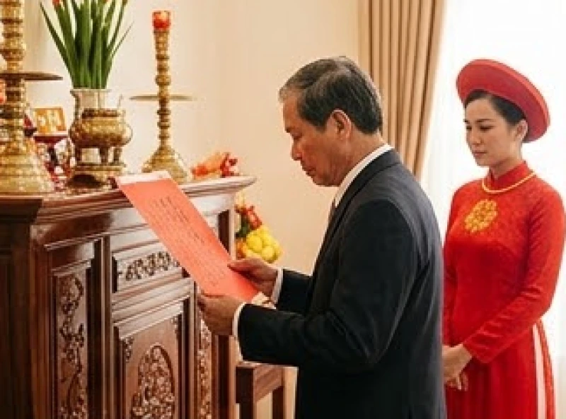 Chủ lễ đại diện nhà gái dâng lời yết cáo xin phép tổ tiên cho con gái đi lấy chồng