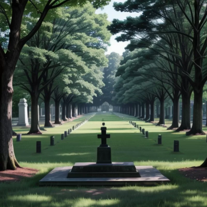 Nghĩa trang yên tĩnh, thanh bình với cây xanh và ánh nắng