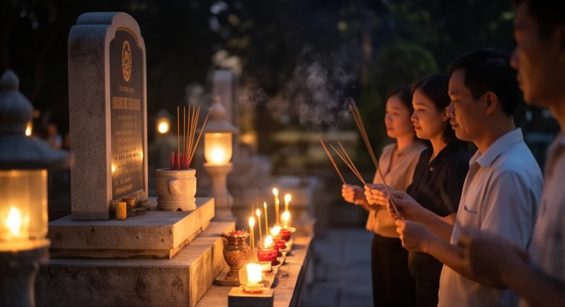 Người dân thành kính dâng hương tại đài tưởng niệm nghĩa trang Hàng Dương dưới ánh đèn vàng trang nghiêm