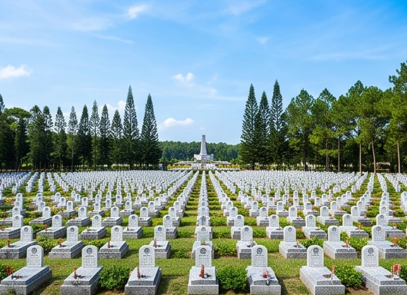 Văn khấn tại đài tưởng niệm liệt sĩ: Bài cúng chuẩn nghi lễ 9 Hàng ngàn bia mộ trắng xếp nối tiếp nhau tại nghĩa trang liệt sĩ dưới bầu trời trong xanh