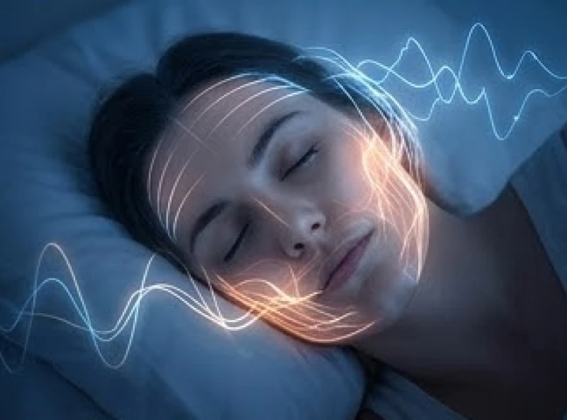 Gương mặt người đang ngủ say được bao quanh bởi các luồng năng lượng mô phỏng sóng não và cơ hàm căng cứng