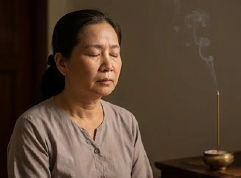 Văn khấn sám hối oan gia trái chủ: Bản chuẩn và sắm lễ tại gia 2 Người đang chắp tay thiền định để đối mặt và hóa giải những năng lượng oán hận gây ra nhức đầu và bế tắc