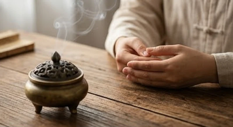 Bàn tay chắp lại trước lư hương bằng đồng đang tỏa khói trầm ấm áp trong không gian thiền định yên tĩnh