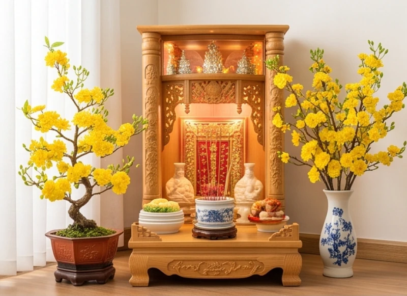 Không gian bàn thờ Thần Tài Thổ Địa ấm cúng trong sáng mùng 2 Tết với mâm cỗ ngày xuân