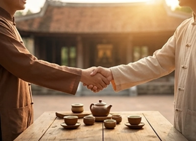 Đối tác vui vẻ bắt tay hợp tác tượng trưng cho cục diện Ngọ Mùi Lục Hợp