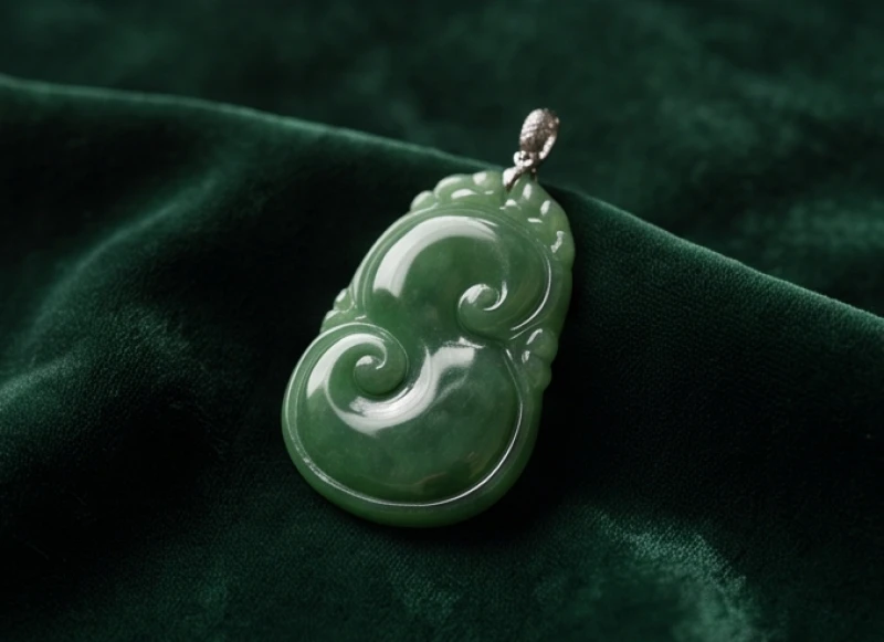 Mặt dây chuyền ngọc bích Nephrite xanh lục đậm được chạm khắc tỉ mỉ phản chiếu độ bóng hoàn hảo