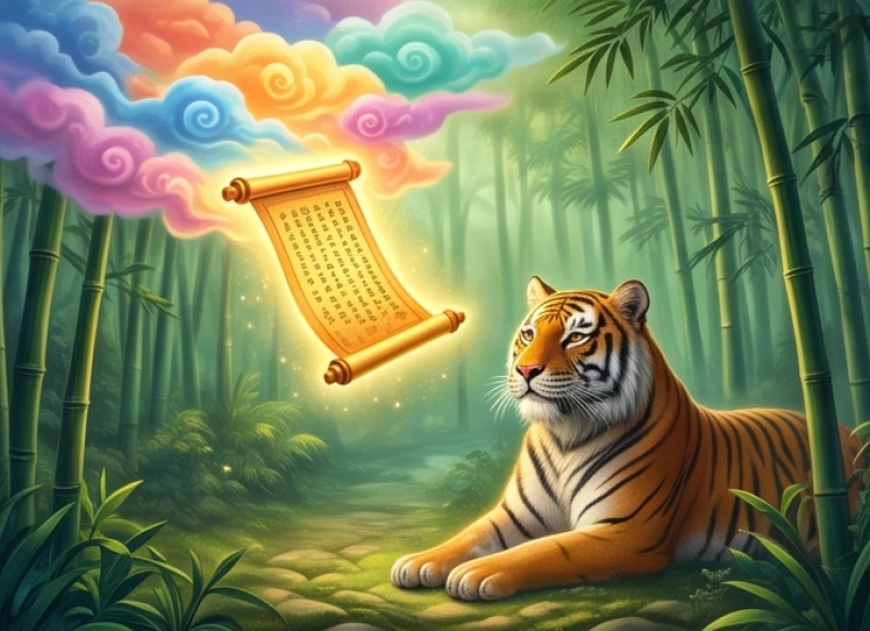 Một bức thư mời lấp lánh từ thiên đình dần hạ xuống đám mây ngũ sắc để đón hổ vằn lên trời bơi thi