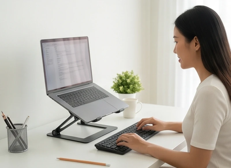 Nữ nhân viên văn phòng sử dụng giá đỡ laptop bảo vệ đốt sống cổ và duy trì khoảng cách an toàn cho mắt