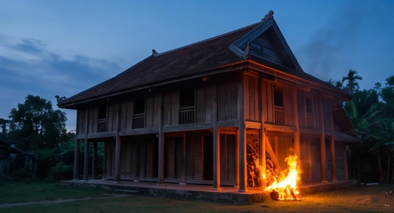 Ngọn lửa rực sáng bốc lên từ một góc của ngôi nhà truyền thống tượng trưng cho những rạn nứt trong mối quan hệ gia đình