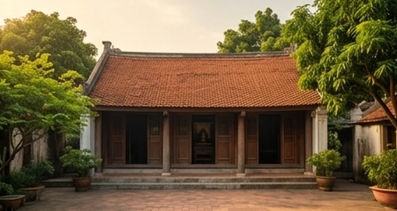 Ngôi nhà ngói đỏ ba gian truyền thống tĩnh lặng dưới bóng cây xanh mát gợi nhớ ký ức tuổi thơ