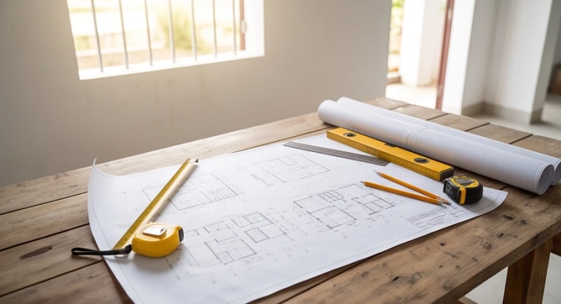Bản vẽ thiết kế và các công cụ sửa chữa đặt ngay ngắn trên bàn gỗ trong không gian ngập tràn ánh sáng