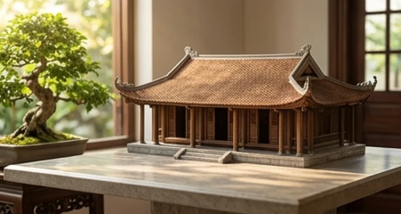 Mô hình ngôi nhà gỗ truyền thống ba gian tượng trưng cho điền sản vững chắc tích lũy được ở tuổi trung niên
