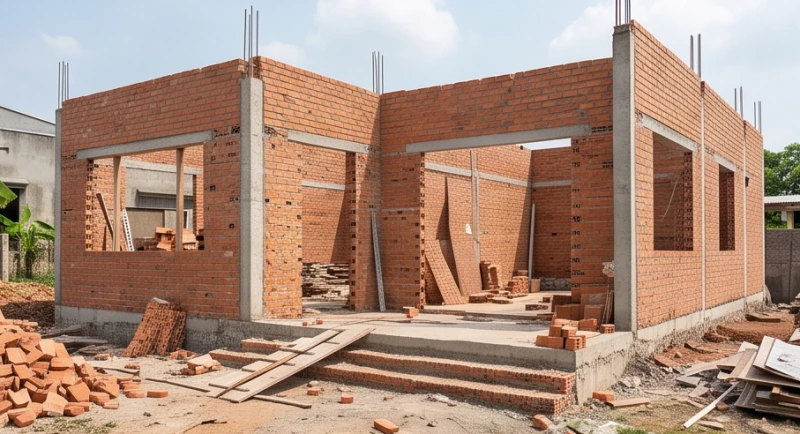 Mơ thấy ở nhà mới tốt hay xấu: Giải mã bối cảnh và số tài lộc 5 Một công trình nhà ở đang thi công dở dang với gạch ngói và vật liệu xây dựng ngổn ngang