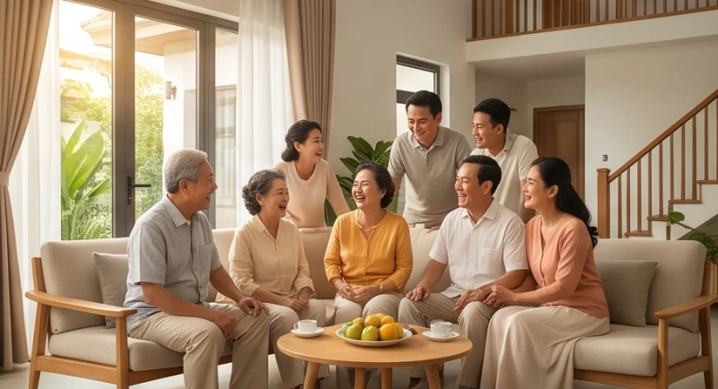 Mơ thấy ở nhà mới tốt hay xấu: Giải mã bối cảnh và số tài lộc 4 Đại gia đình tụ tập vui vẻ và ấm cúng trong một phòng khách của ngôi nhà mới hiện đại