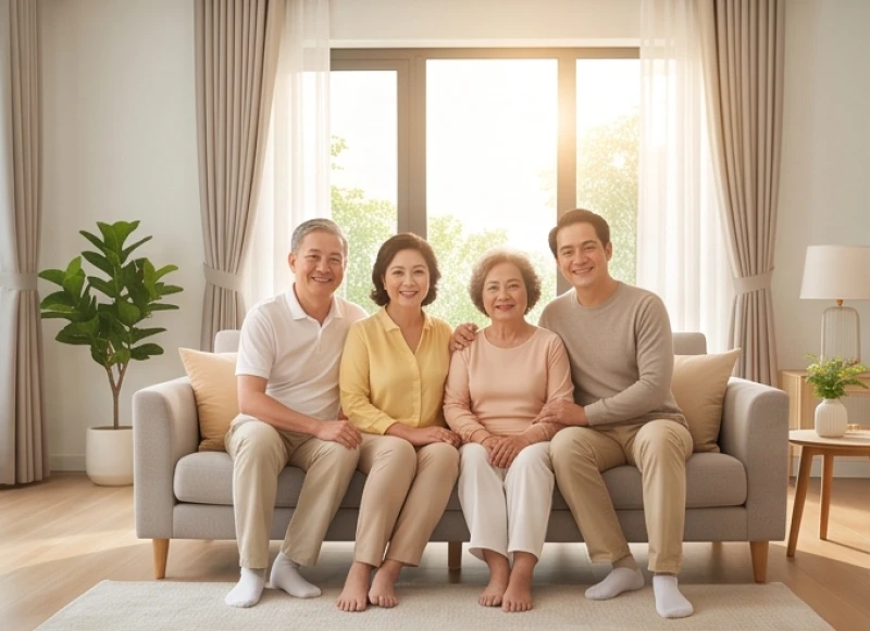 Tuổi Ngọ nhập trạch ngày nào tốt: Lịch 12 tháng và sắm lễ 2 Một gia đình ba thế hệ quây quần vui vẻ trong không gian phòng khách của ngôi nhà mới khang trang