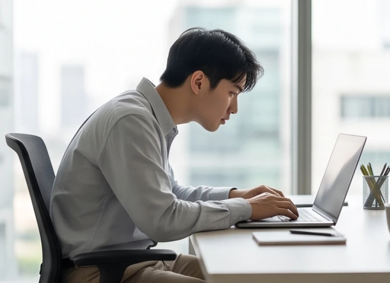 Nam thanh niên ngồi làm việc gập người về phía trước gây áp lực lên cột sống và xương chậu