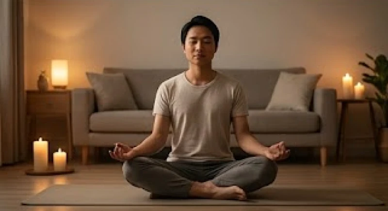 Một người đang tĩnh tâm ngồi thiền trên thảm trong không gian phòng khách thanh tịnh với ánh nến