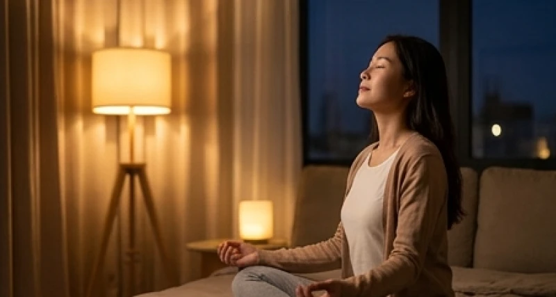 Không gian phòng ngủ yên tĩnh với ánh đèn vàng dịu nhẹ giúp xoa dịu tinh thần trước khi chìm vào giấc ngủ