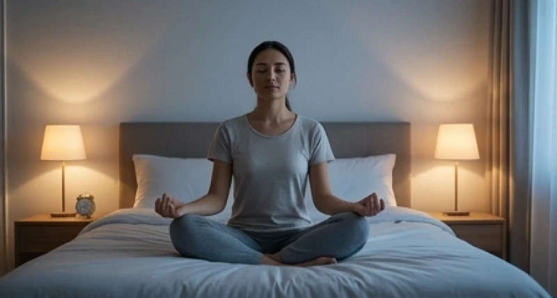 Người phụ nữ nhắm mắt hít thở sâu thư giãn trên giường trong không gian tĩnh lặng