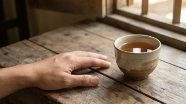 Bàn tay nữ giới đặt trên mặt bàn gỗ với ngón cái ngắn đang được quan sát kỹ lưỡng để xem nhân tướng học