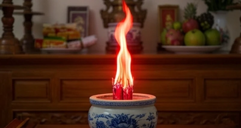 Bát hương trên bàn thờ rực sáng với ngọn lửa màu cam đỏ bốc cao mạnh mẽ nhưng không có khói đen