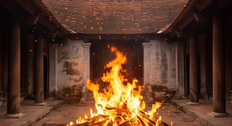 Mơ thấy chùa bị cháy: Điềm báo, con số và nghi thức hóa giải 2 Khung cảnh ngôi chùa bốc cháy dữ dội trong đêm tối ngầm đại diện cho sự biến động và chuyển hóa nội tâm sâu sắc