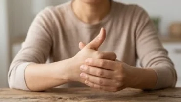 Người phụ nữ đang xoa bóp nhẹ nhàng ngón tay cái khi tìm hiểu ngón tay cái giật là điềm gì