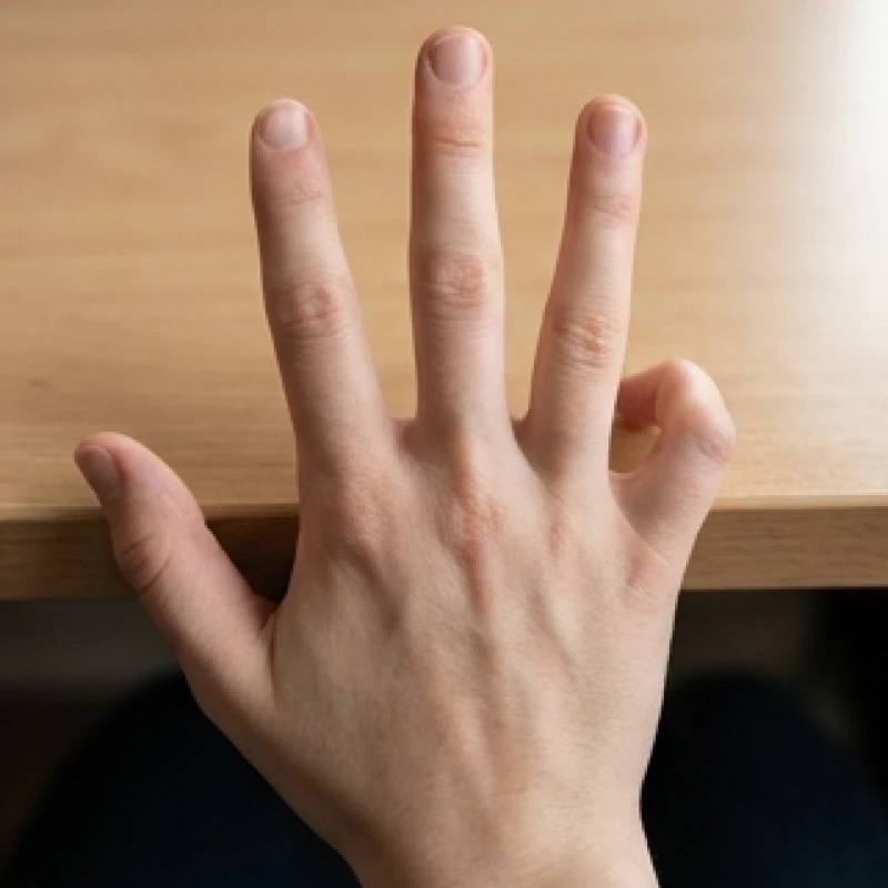 Bàn tay đang cố gắng xòe thẳng nhưng ngón út bị gập rút về phía lòng bàn tay do co rút gân cơ