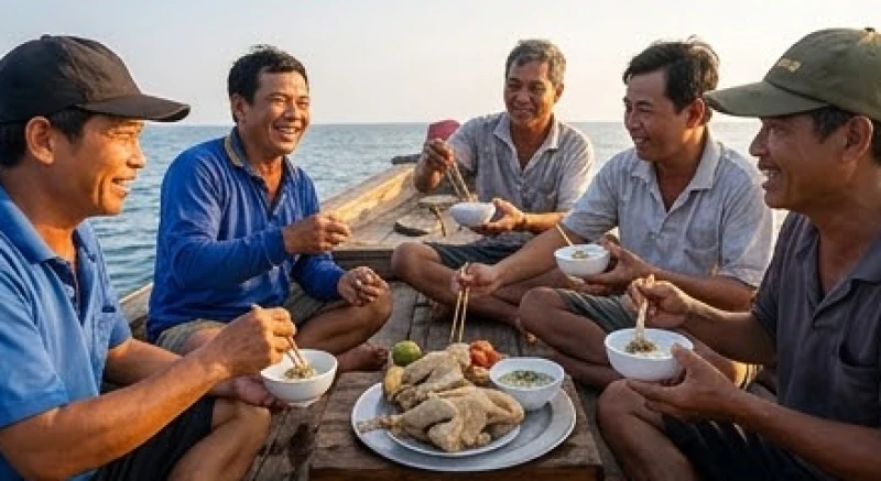 Các anh em thuyền viên cùng nhau chia sẻ món vịt luộc và cháo trắng sau khi nghi lễ hạ mâm hoàn tất