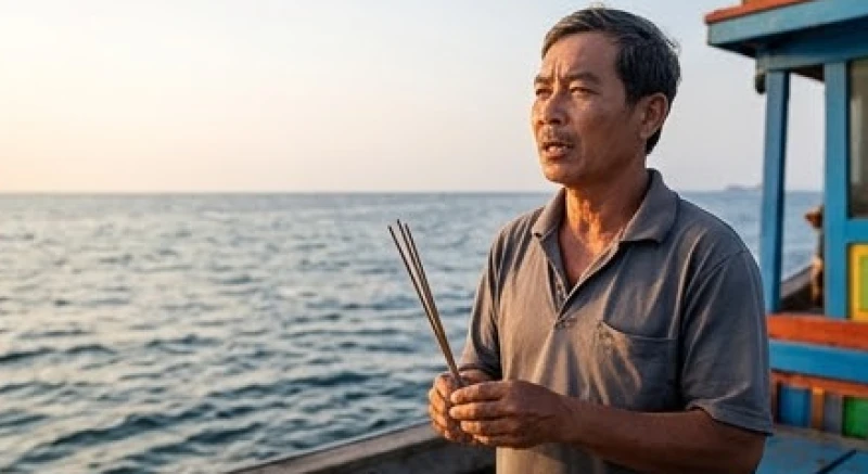 Người tài công đứng thẳng lưng với thái độ thành kính, tay chắp ngang ngực khi đọc bài văn khấn cầu an