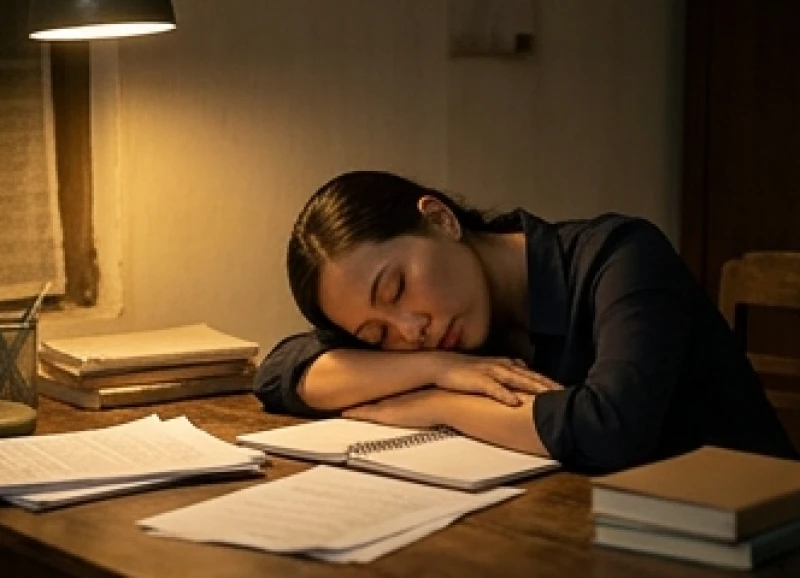 Người mẹ ngủ gục trên bàn làm việc phản ánh trạng thái kiệt sức dễ dẫn đến ác mộng