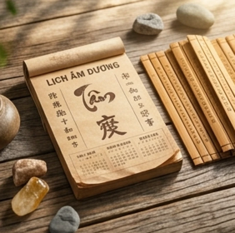 Hướng dẫn chọn ngày tốt cho tuổi Mão: Quy tắc ngũ hành, nam nữ 1 Lịch vạn niên và thẻ tre phong thủy đặt trên bàn gỗ tượng trưng ngũ hành
