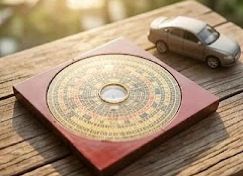 Tuổi Thìn mua xe ngày nào tốt: Bảng tra cứu 12 tháng 1 Bảng la bàn phong thủy ngũ hành tương sinh tương khắc đặt cạnh mô hình xe ô tô nhỏ trên bàn gỗ