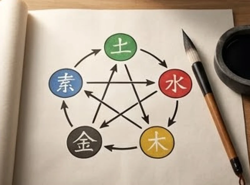 Bản đồ ngũ hành kim mộc thủy hỏa thổ tương sinh tương khắc đặt cạnh nghiên mực và cọ vẽ