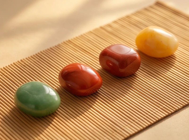 Bốn viên đá ngũ hành xếp liên tiếp nhau minh họa dòng chảy tương sinh mộc hỏa thổ