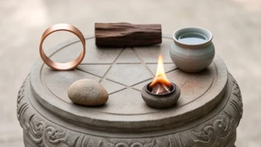 Sơ đồ giải thích ngũ hành là gì thông qua năm yếu tố Kim Mộc Thủy Hỏa Thổ được chạm khắc tinh xảo