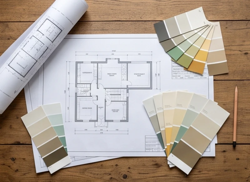 Bản vẽ thiết kế nhà và các dải màu sơn phong thủy đặt cạnh nhau trên bàn làm việc gỗ