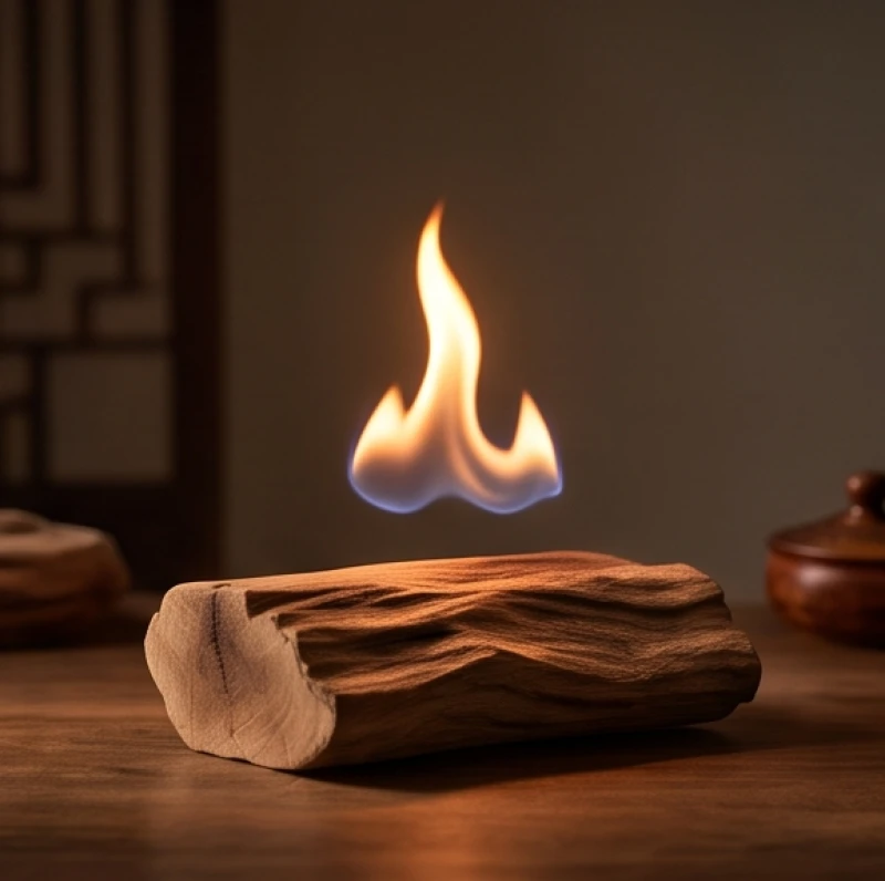 Biểu tượng ngũ hành với ngọn lửa cháy sáng bên trên những khúc gỗ mộc mạc