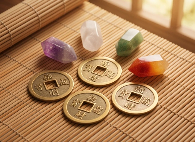 Năm đồng tiền xu cổ và đá phong thủy ngũ sắc tượng trưng cho năm nạp âm của bản mệnh