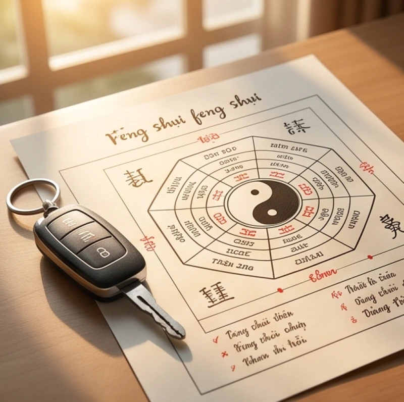 Bảng tóm tắt quy luật ngũ hành tương sinh tương khắc đặt cạnh một chiếc chìa khóa ô tô